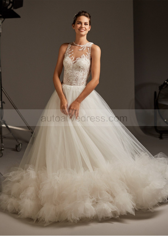 Ivory Lace Tulle Ruffle Illusion Back Wedding Dress